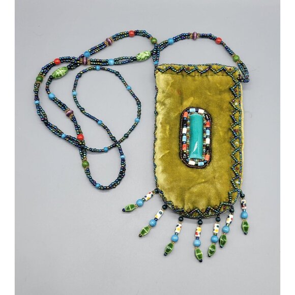 Vintage Velvet Olive Green Boho Beaded Handle Pouch Purse P1 - Picture 1 of 8